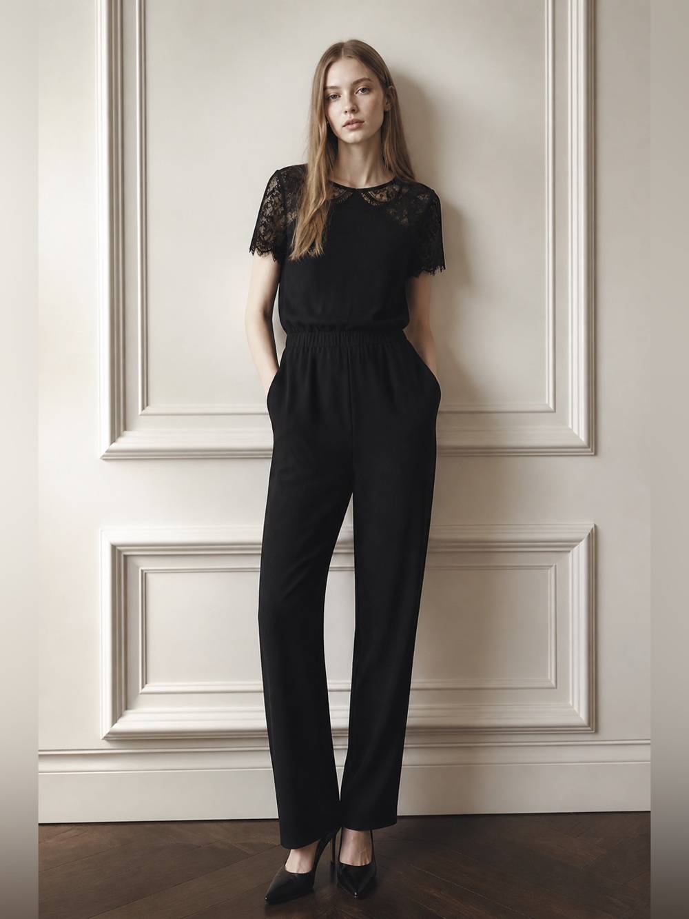 LOFT Black Lace-Sleeve Jumpsuit